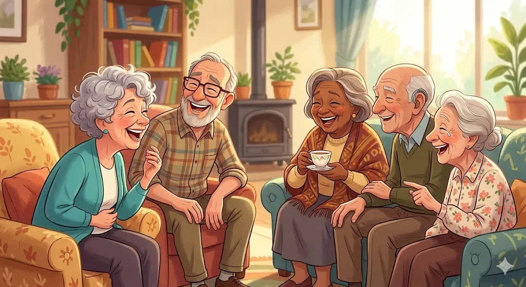 Older adults sharing time together in conversation and laughter.