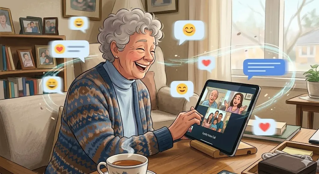 A senior smiling while joining a virtual program from home.