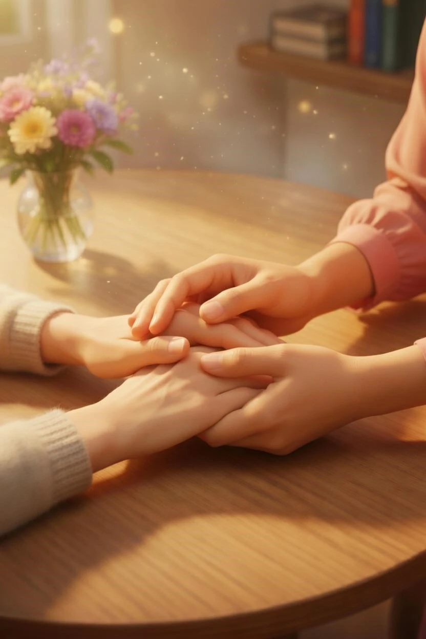 Hands gently held in a warm, supportive moment between Janice and a senior client.